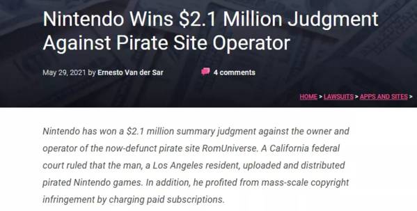 任天堂对盗版网站侵权案胜诉，获赔210万美元